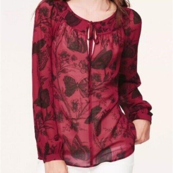LOFT Floral Butterfly Peasant Blouse Pink Sheer Tie Neck Keyhole Womens Medium - Picture 10 of 10